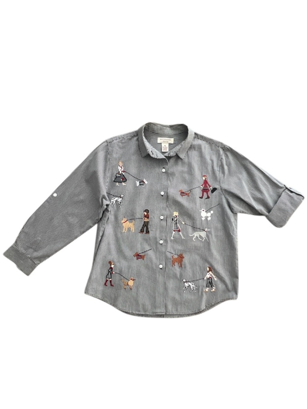 Bechamel Petites Button Down Top Dog Breeds Black and White Embroidered Size PM